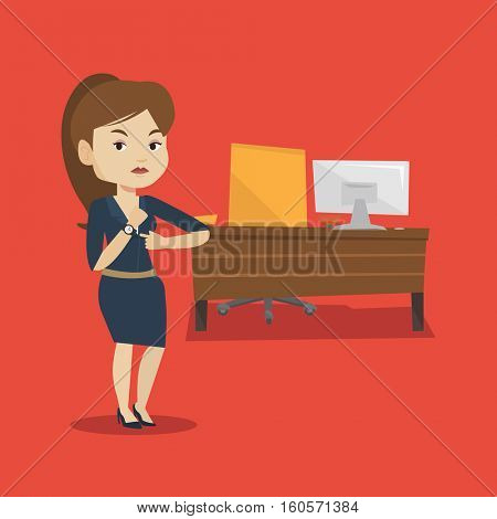 An angry female employer pointing at time on wrist watch. Caucasian employer checking time of coming of latecomer employee. Concept of late to work. Vector flat design illustration. Square layout.