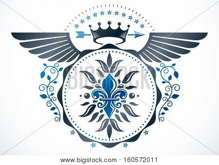 Heraldic sign created with  vector vintage elements like royal cown and eagle wings