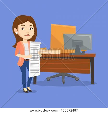 Caucasian business woman standing in office with long bill in hands. Disappointed business woman holding long bill. Business woman looking at long bill. Vector flat design illustration. Square layout.