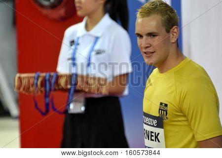 Hong Kong China - Oct 29 2016. Competitive swimmer Peter BERNEK (HUN) at the Victory Ceremony of the Men's Freestyle 400m. FINA Swimming World Cup Victoria Park Swimming Pool.