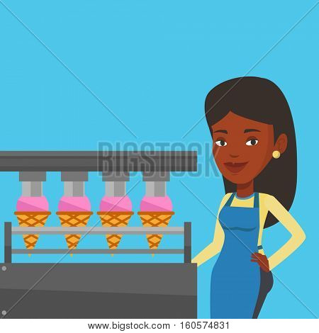 African-american worker of ice cream manufacture. Worker of factory producing ice-cream. Confectioner working on automatic production line of ice cream. Vector flat design illustration. Square layout.