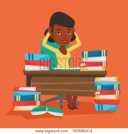 Young stressed student studying with textbooks. An african-american student studying hard before exam. Desperate female student studying in the library. Vector flat design illustration. Square layout.