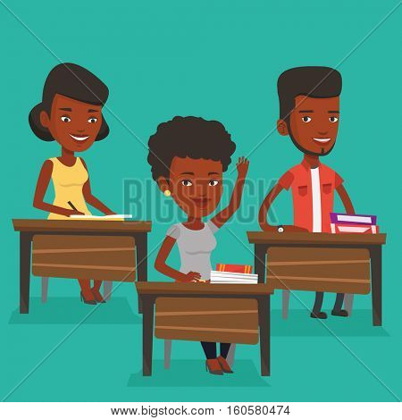 An african-american student raising hand in the classroom for an answer. Student sitting at the desk with raised hand. Girl raising her hand at lesson. Vector flat design illustration. Square layout.