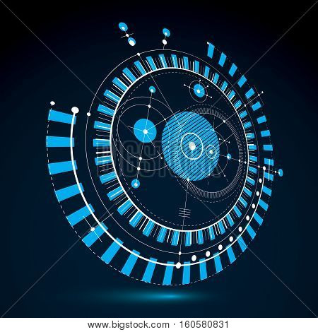 Geometric technology 3d vector drawing blue technical abstract scheme of engine or engineering mechanism.