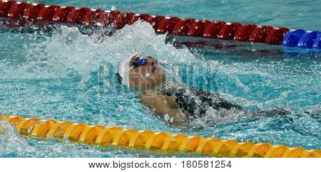 Hong Kong China - Oct 29 2016. Olympic world and European champion World record holder swimmer Katinka HOSSZU (HUN) swimming in Women's Backstroke 200m Final. FINA Swimming World Cup.