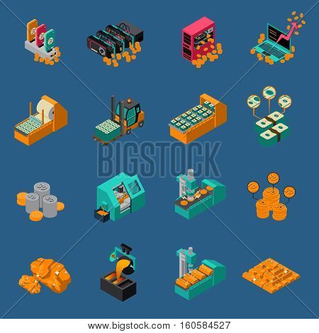 Money manufacturing isometric icons of gold production equipment and dollar printing press isolated vector illustration