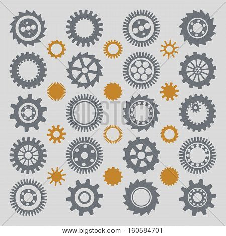 Illustration of various gear wheels, toothings and cog-wheels