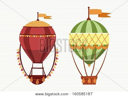 Hot air floating balloons icons isolated. Vintage transportation by sky, cartoon air striped balloon icon for sport entertainment, air journey or travel, outdoor tourism, cartoon balloon with flag