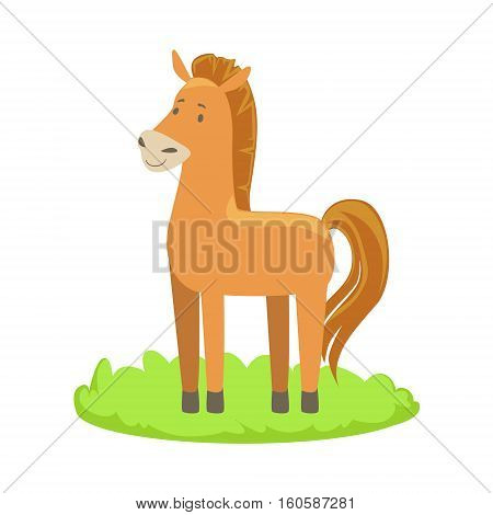 Horse Farm Animal Cartoon Farm Related Element On Patch Of Green Grass. Colorful Vector Illustration With Farming And Rancho Associated Isolated Object.