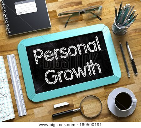 Personal Growth Concept on Small Chalkboard. Top View of Office Desk with Stationery and Mint Small Chalkboard with Business Concept - Personal Growth. 3d Rendering.