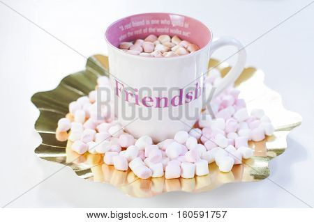 A cup of hot chocolate with mini sweet marshmallows on a gold placement. A friendship quote painted on the cup. Natural light. Isolated on white.