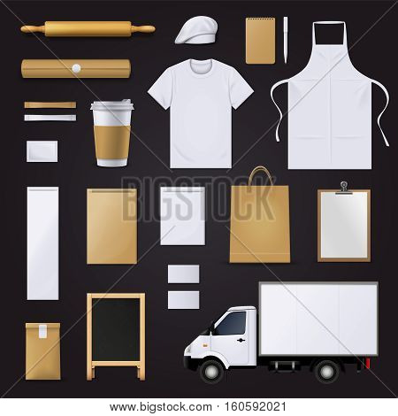 Bakery pastry shop visual corporate identity blank template items collection with dough roll pin black background vector illustration