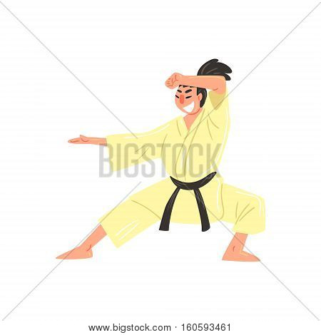 Karate Professional Fighter In Kimono With Black Belt Doing Classic Stance Cool Cartoon Character. Martial Arts Sportsman With Ponytail Demonstrating Classic Kick Technique Vector Illustration.