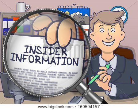 Businessman in Suit Showing a Paper with Concept Insider Information Concept through Lens. Closeup View. Colored Doodle Illustration.