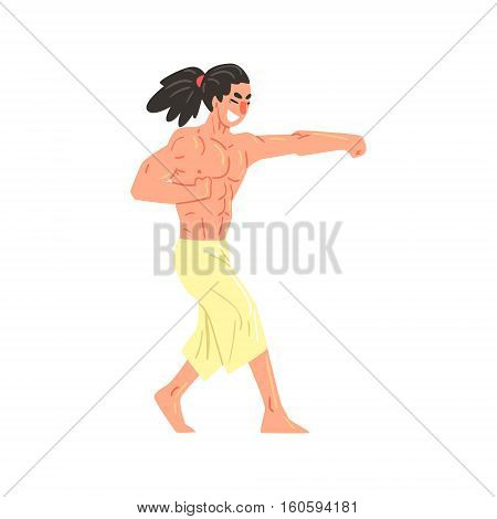 Muscly Shirtless Karate Professional Fighter Kicking With Fist Cool Cartoon Character. Martial Arts Sportsman With Ponytail Demonstrating Classic Kick Technique Vector Illustration.