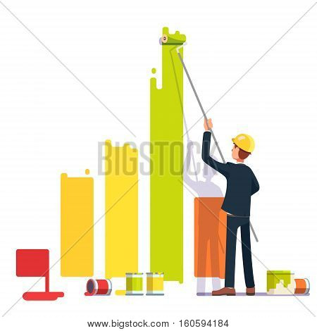 Business man painting bar graph with roller paint. Crisis management metaphor. Flat style modern vector illustration.