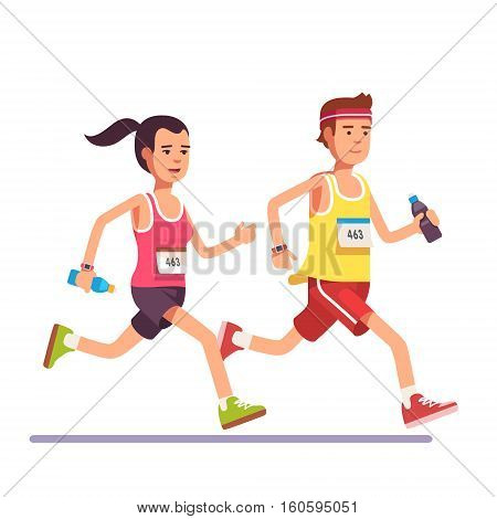 Fit couple running a marathon together. Flat style modern vector illustration.