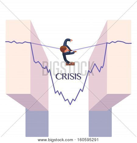 Businessman walking a rope, taking risk overcoming economic stock market crisis. Business metaphor. Flat style vector illustration.