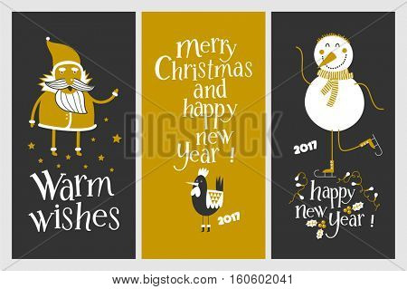Holiday cards - Marry Christmas and Happy New Year. Rooster the symbol of 2017. ?heerful snowman on skates. Cards with a gold design