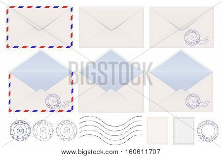 Set of envelopes. Blank, stamped, airmail envelopes. Vector illustration isolated on white background