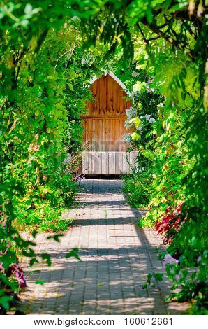 Garden trellis walkway hideout hidden tranquil sitting bench area outdoors empty shaded by vine and roses