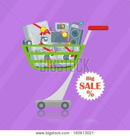 Big sale concept. Household appliances in trolley flat style design. Illustration for electronics stores advertising. Purchase of electric equipment for every day use. Set of devices in cart. Vector