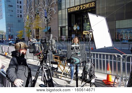 New York, New York-November Nineteenth: News crew set up for live broadcast across from Trump Tower. November 19th 2016 at 5th Avenue between East 56th and East 57th Street, NYC
