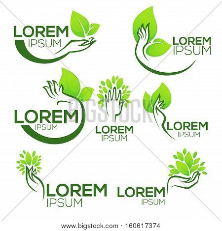 vector collection of ecological symbols and signshuman's hands and green growing plants
