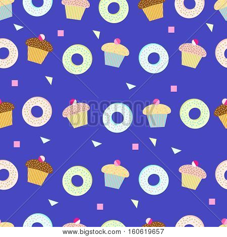Delicious cupcakes and donut seamless pattern on blue background