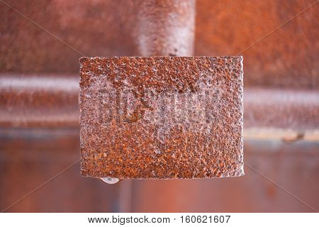 Wet rusty metal rectangular plate in middle of frame. Background blurred.