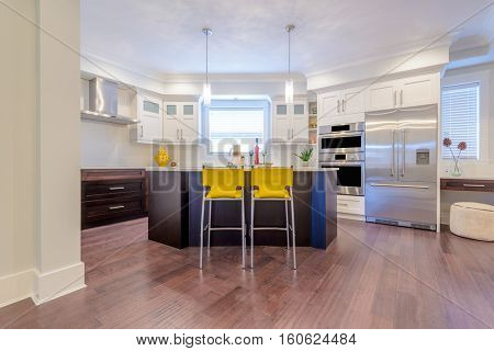 Modern, bright, clean, kitchen interior with stainless steel appliances in a luxury house