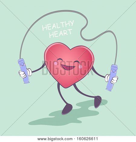 Healthy heart. Healthy lifestyle. Pretty heart is jumping rope. Vector illustration. Emergency cardiology cartoon strong and funny characters diseased heart.