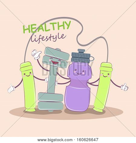 Healthy lifestyle. Cute picture of a best friend of a healthy lifestyle. Jump rope, dumbbells and water bottle. Vector illustration.