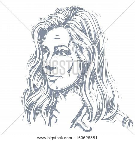 Portrait Of Delicate Doubting Woman With Wrinkles On Her Forehead, Black And White Vector Drawing. E