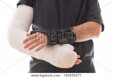 Young Man Wearing A Long Arm Cast And A Splint