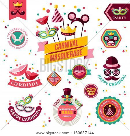 Set Of Vintage Carnival Badges and Labels. Ribbons, Flat Icons and Other Elements. Vector illustration. Rabbit Ears, Detective Hat and Pipe, Masks, Smiling Lips, Princess Crown.