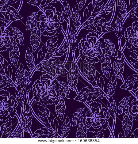 Vector seamless patern background with floral branches. Intricate ornament made of twisted flowers.Lilac lacy outline.