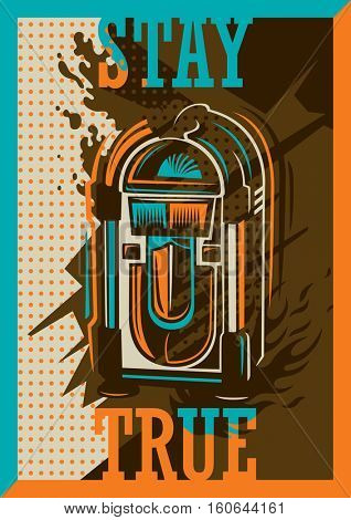 Colorful retro style poster with jukebox. Vector illustration.