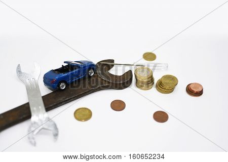 Abstract composition of broken car and repair process.