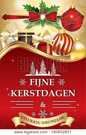 Fijne Kerstdagen en Gelukkig Nieuwjaar! (Merry Christmas and Happy New Year) - dutch corporate greeting card. Print colors used, size of a custom postcard. Contains Christmas decorations, gift boxes.