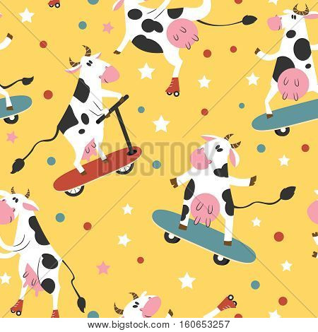 Vector seamless pattern with funky cows on skates and kick scooters. Cartoon animals ride on the boards background.