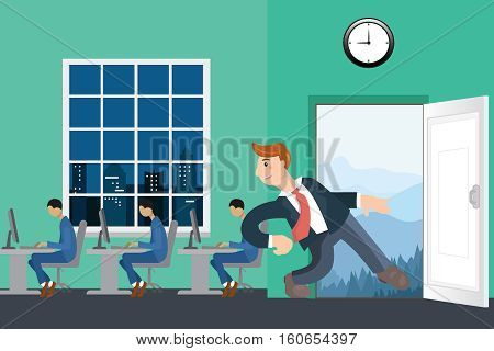 Business man run out from the workplace and go to the wild on vacation vector illustration. The door leading into the mountains.