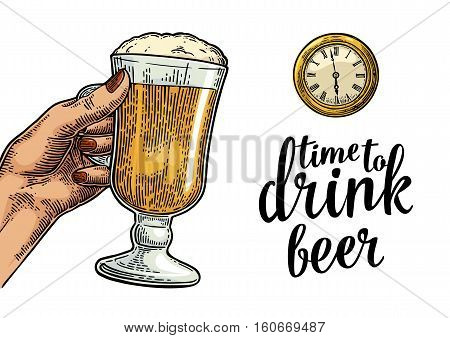 Female hand holding glass beer and antique pocket watch. Vintage vector engraving illustration for web poster invitation to party. Time to Drink lettering. Isolated on white background.