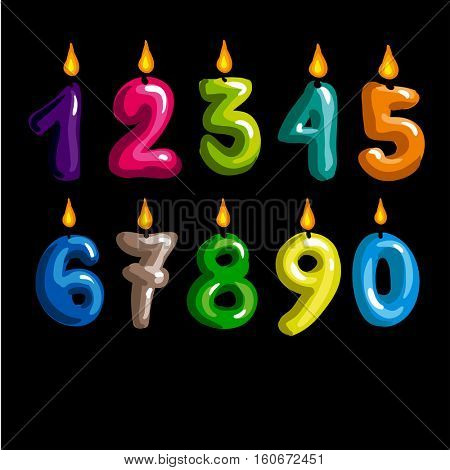Colorful candle set. Vector candle flame and wax - collection for birthday party and holiday. Candlesticks on white background. Cartoon style illustration