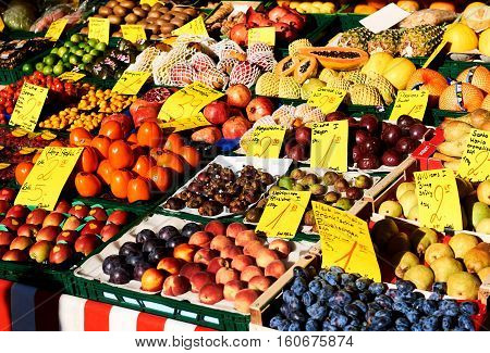 Market stalls with a variety of fruits in Nuremberg city Bavaria. Germany