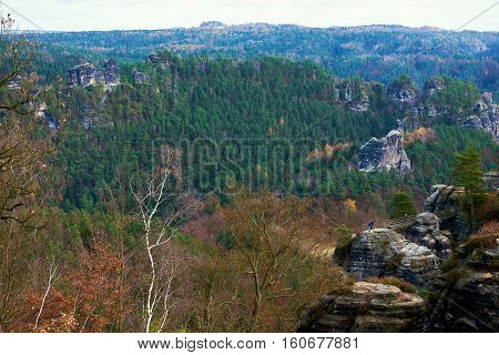 Picturesque view of Bastei. It is a rock formation towering 194 metres above the Elbe River in the Elbe Sandstone Mountains of Germany major landmark of the Saxon Switzerland National Park. Germany