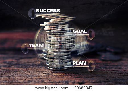 strack of coins and key with timeconcept idea for business plan team goal and success wording