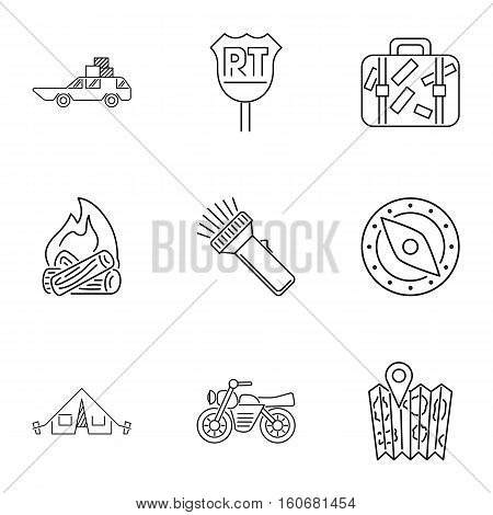 Campground icons set. Outline illustration of 9 campground vector icons for web
