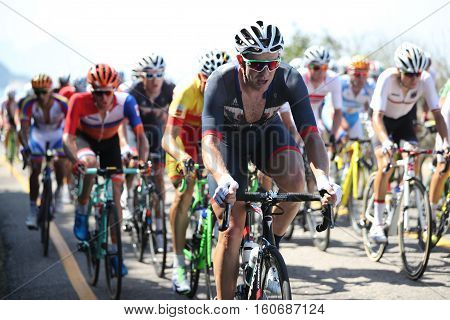 RIO DE JANEIRO, BRAZIL - AUGUST 6, 2016: Cyclist Ian Stannard of Great Britain (front) rides during Rio 2016 Olympic Cycling Road competition of the Rio 2016 Olympic Games in Rio de Janeiro