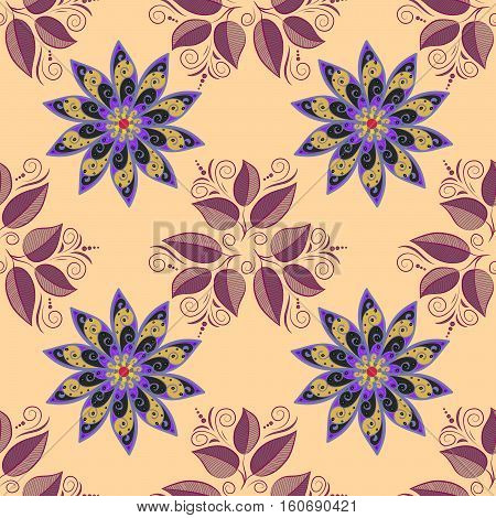 Floral Background. Petal Flowers. Leaves. Beige Background. Lilac.